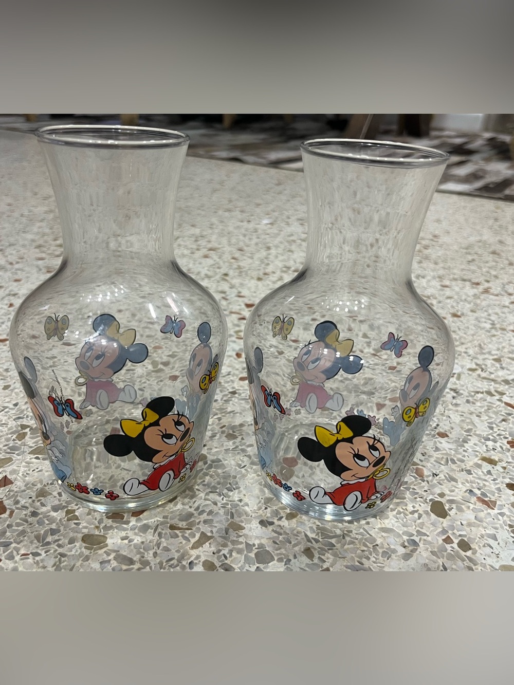 Vintage Bex-Etampes Disney Baby Mickey & Minnie Glass Carafe / Bottle